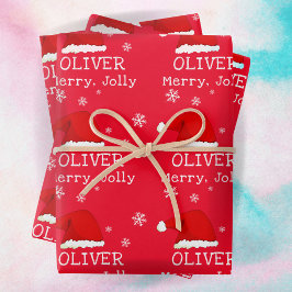 Red Santa Hat Snowflake Merry Jolly Kinder Inpakpapier Vel