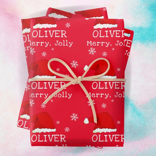 Red Santa Hat Snowflake Merry Jolly Kinder Inpakpapier Vel