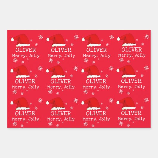 Red Santa Hat Snowflake Merry Jolly Kinder Inpakpapier Vel (Voorkant 3)