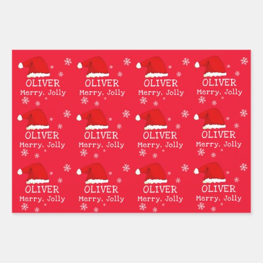 Red Santa Hat Snowflake Merry Jolly Kinder Inpakpapier Vel (Voorkant 2)