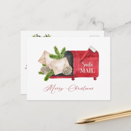 Red Santa Mailbox met Pinecones en Pine Boughs Briefkaart (Voorkant / Achterkant in situ)