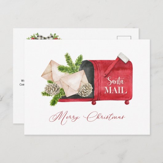 Red Santa Mailbox met Pinecones en Pine Boughs Briefkaart (Voorkant / Achterkant)