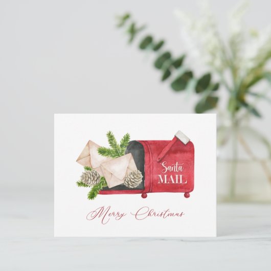Red Santa Mailbox met Pinecones en Pine Boughs Briefkaart (Staand voorkant)