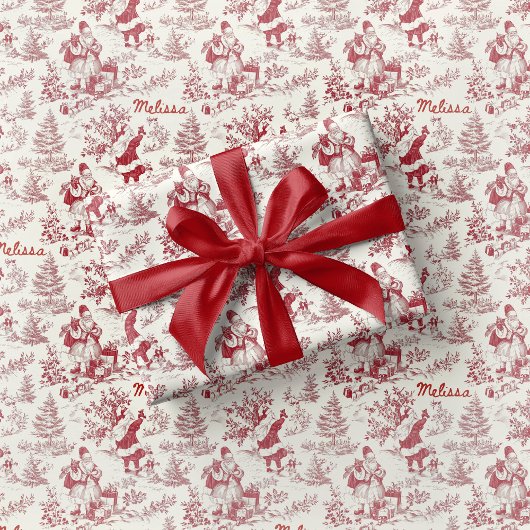 Red Santa Toile Wrapping Paper Vintage Cadeaupapier