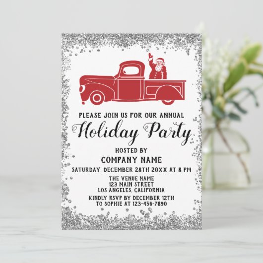 Red Santa Truck Xmas Company Holiday Party Silver Kaart (Staand voorkant)