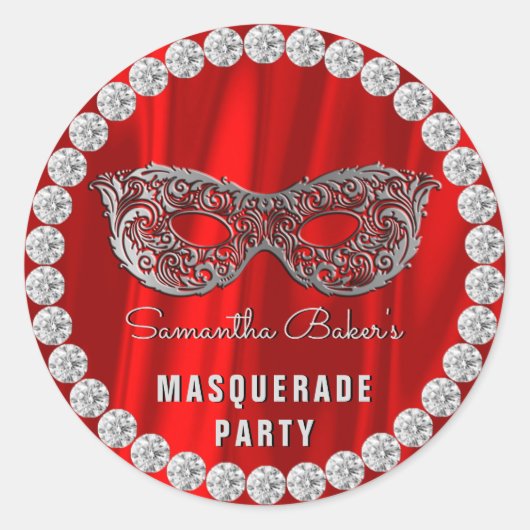 Red Satin Diamonds Masquerade Party Glam Verjaarda Ronde Sticker (Voorkant)