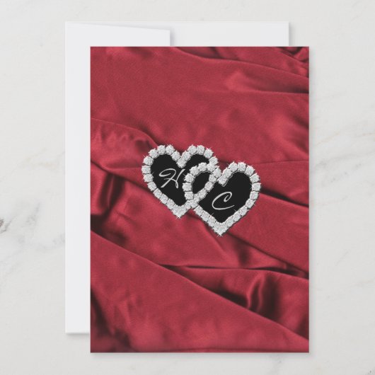 Red Satin en Diamond Hearts Monogram Uitnodiging (Voorkant)