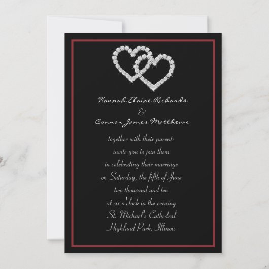Red Satin en Diamond Hearts Monogram Uitnodiging (Achterkant)