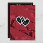 Red Satin en Diamond Hearts Monogram Uitnodiging (Voorkant / Achterkant)