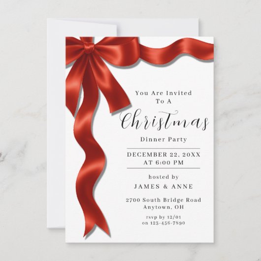 Red Satin Ribbon Christmas Party Invitation Kaart (Voorkant)