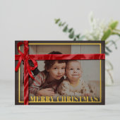 Red satin ribbon family photo Christmas Gold Folie Feestdagenkaart (Staand Voorkant)