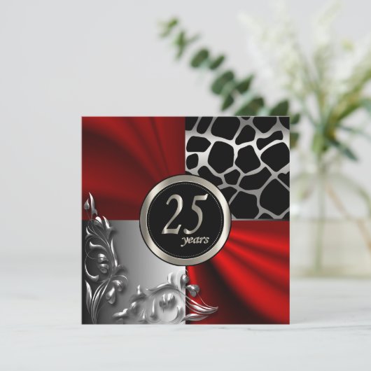Red Satin & Silver 25-jarige partij Kaart (Staand voorkant)