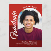 Red Save Date Afstuderen Photo Bold Arch Script Uitnodiging Briefkaart (Voorkant)