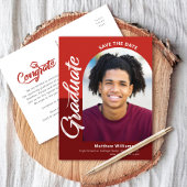 Red Save Date Afstuderen Photo Bold Arch Script Uitnodiging Briefkaart