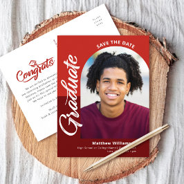Red Save Date Afstuderen Photo Bold Arch Script Uitnodiging Briefkaart