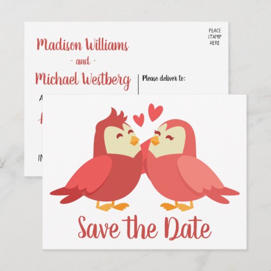 Red Save the Date Wedding Cartoon Bruidegom Briefkaart (Voorkant / Achterkant)