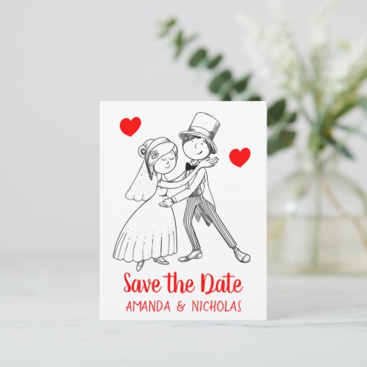 Red Save the Date Wedding Cartoon Bruidegom Briefkaart (Staand voorkant)