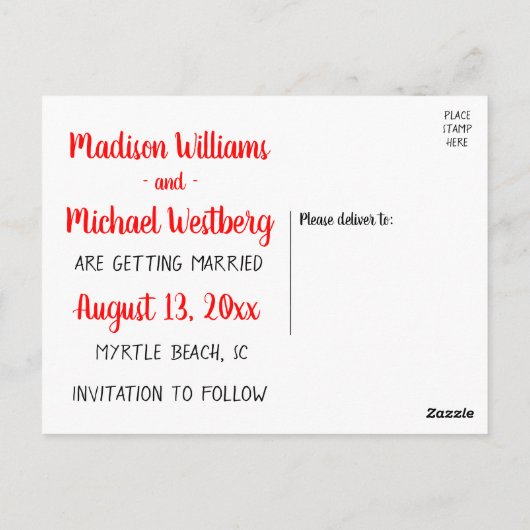 Red Save the Date Wedding Cartoon Bruidegom Briefkaart (Achterkant)