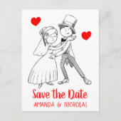 Red Save the Date Wedding Cartoon Bruidegom Briefkaart (Voorkant)