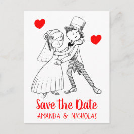 Red Save the Date Wedding Cartoon Bruidegom Briefkaart