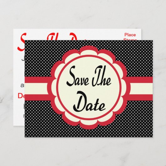 Red Save The Date Zwart & Wit Polka Dot Briefkaart (Voorkant / Achterkant)