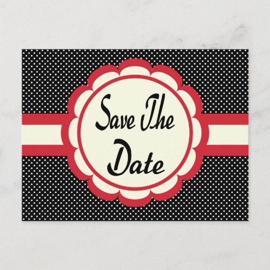 Red Save The Date Zwart & Wit Polka Dot Briefkaart (Voorkant)
