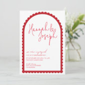Red Scallop Edge Arch Border Engagement Party Kaart (Staand voorkant)