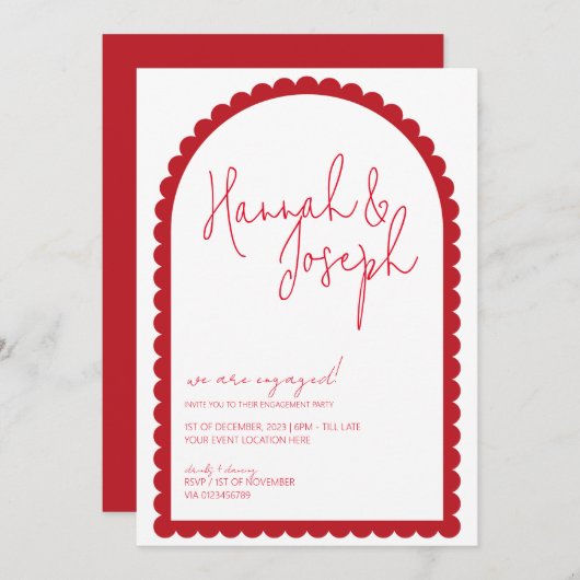 Red Scallop Edge Arch Border Engagement Party Kaart (Voorkant / Achterkant)
