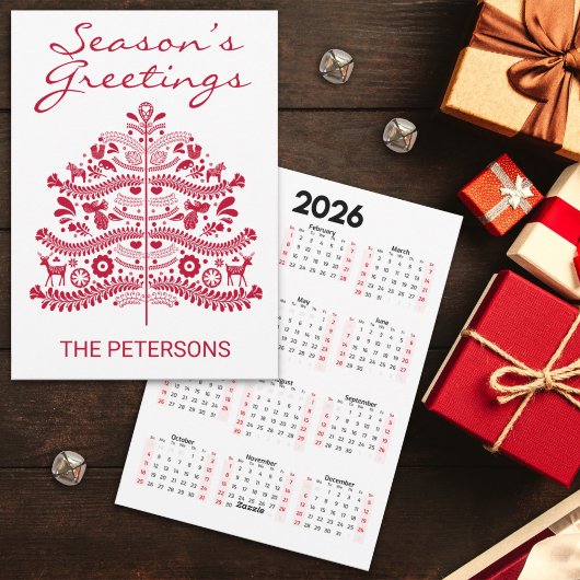 Red Scandinavian Folk Art Christmas Tree Calendar Feestdagenkaart