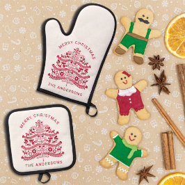 Red Scandinavian Folk Art kerstboom Ovenwant & Pannenlap Set