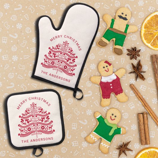 Red Scandinavian Folk Art kerstboom Ovenwant & Pannenlap Set