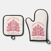 Red Scandinavian Folk Art kerstboom Ovenwant & Pannenlap Set (Voorkant)