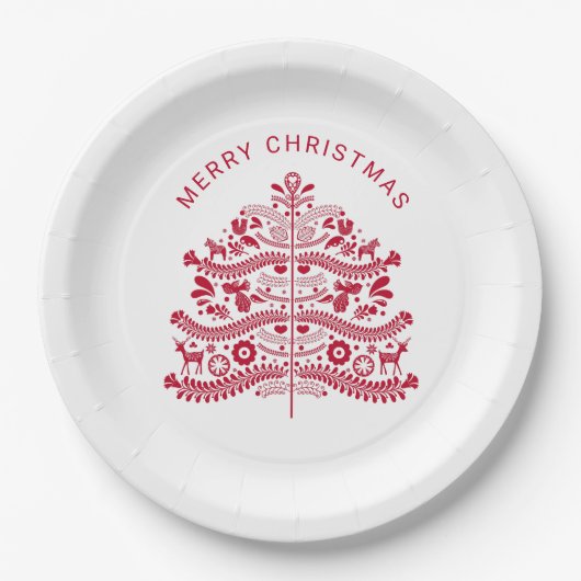 Red Scandinavian Folk Art kerstboom Papieren Bordje (Voorkant)