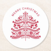Red Scandinavian Folk Art kerstboom Ronde Kartonnen Onderzetter (Voorkant)