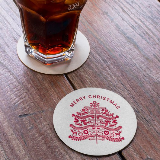 Red Scandinavian Folk Art kerstboom Ronde Kartonnen Onderzetter