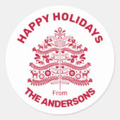 Red Scandinavian Folk Art kerstboom Ronde Sticker (Voorkant)
