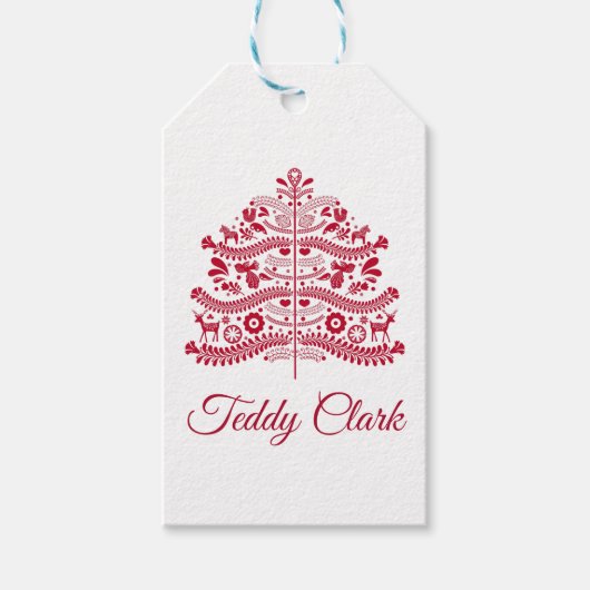 Red Scandinavian Folk Art Scandinadic kerstboom Cadeaulabel (Voorkant)