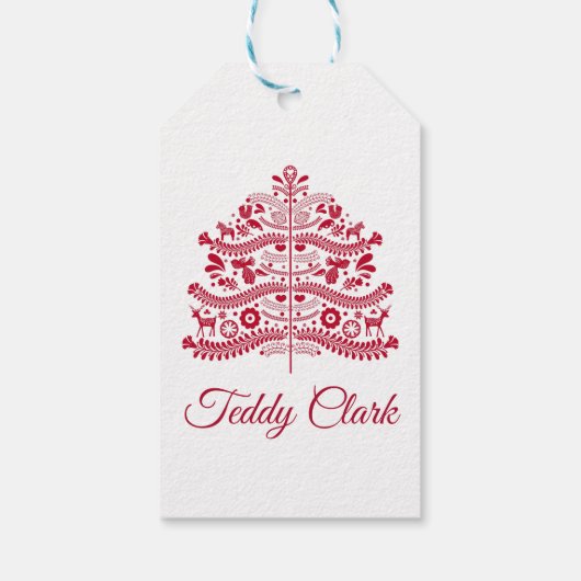 Red Scandinavian Folk Art Scandinadic kerstboom Cadeaulabel (Achterkant)