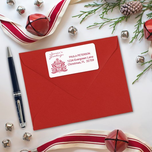 Red Scandinavian Folk Art Scandinadic kerstboom Etiket