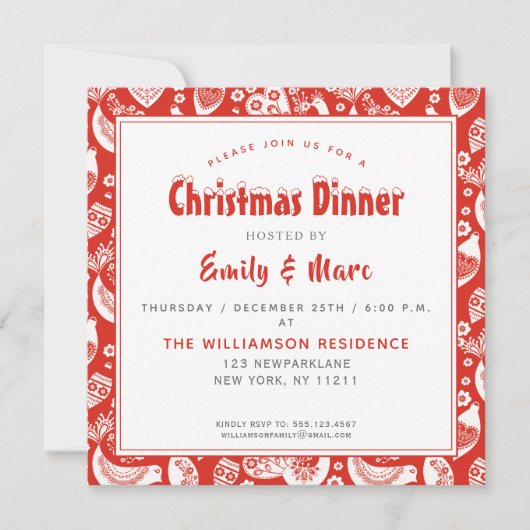 Red Scandinavian Folkart Pattern w Birds Kerstmis Kaart (Voorkant)