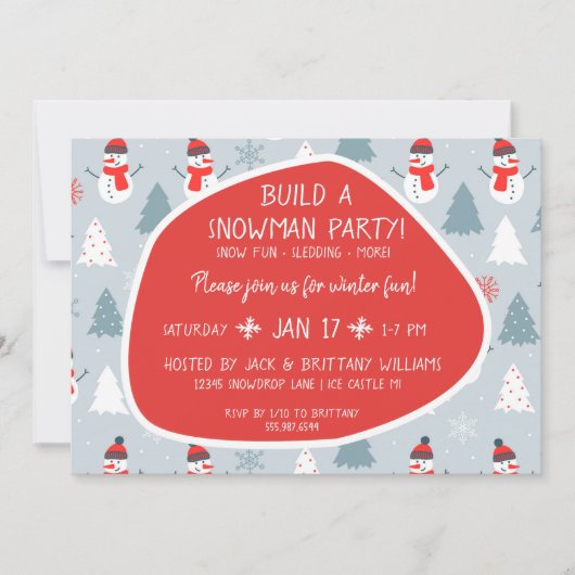 Red Scarf Cute Holiday Snowman Building Party Kaart (Voorkant)