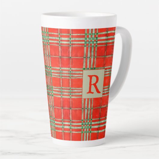 RED SCOTT TARTAN Tall Latte Mok + Initiaal (Rechterhoek)