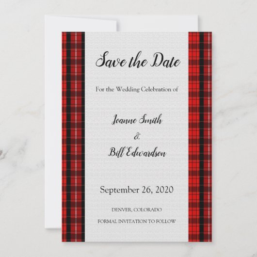 Red Scottish Tartan Burlap patroon Save the Date (Voorkant)