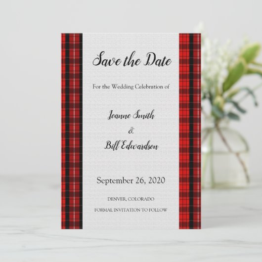 Red Scottish Tartan Burlap patroon Save the Date (Staand voorkant)