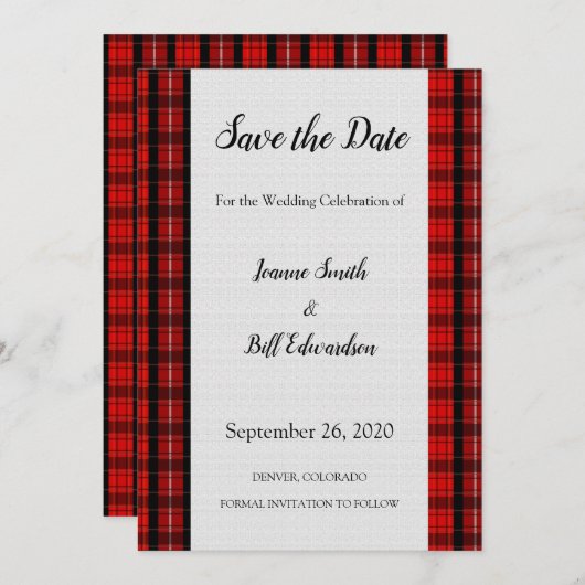 Red Scottish Tartan Burlap patroon Save the Date (Voorkant / Achterkant)
