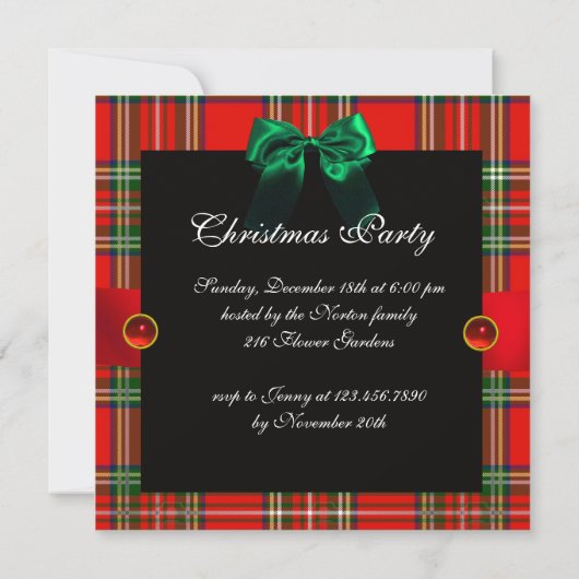 RED SCOTTISH TARTAN EN GREEN BOWS CHRISTMAS PARTIJ KAART (Achterkant)