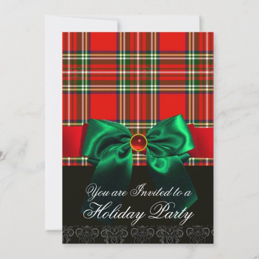 RED SCOTTISH TARTAN EN GROEN BOW CHRISTMAS PARTIJ KAART (Voorkant)