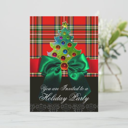 RED SCOTTISH TARTAN, GROEN BOW EN CHRISTMAS TREE KAART (Staand voorkant)