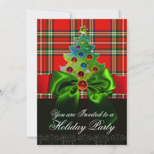 RED SCOTTISH TARTAN, GROEN BOW EN CHRISTMAS TREE KAART