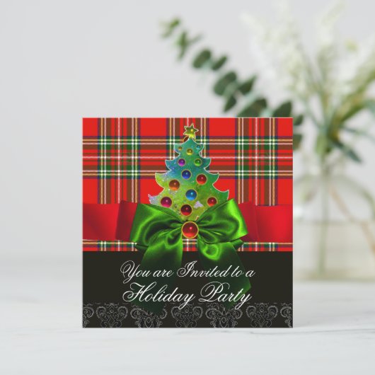 RED SCOTTISH TARTAN, GROENBOWS EN CHRISTMAS TREE KAART (Staand voorkant)